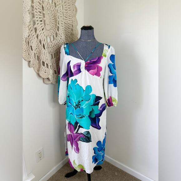 Anthropologie Dresses & Skirts - Anthropologie Maeve White Printed Puff Sleeve Open Back Euro Summer Dress 2P